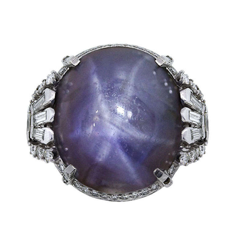 Antique Star Sapphire Diamond Platinum Ring