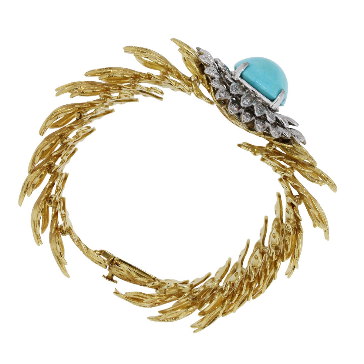 Brand: Erwin Pearl
Style: Bangle
Metal: 18K Yellow and White Gold
Gemstone Details: Oval shape cabochon Turquoise gemstone measuring approximately 21.70mm x 16.60mm
Diamond Details: Approximately 3ctw of Round Brilliant Diamonds. Diamonds are G
