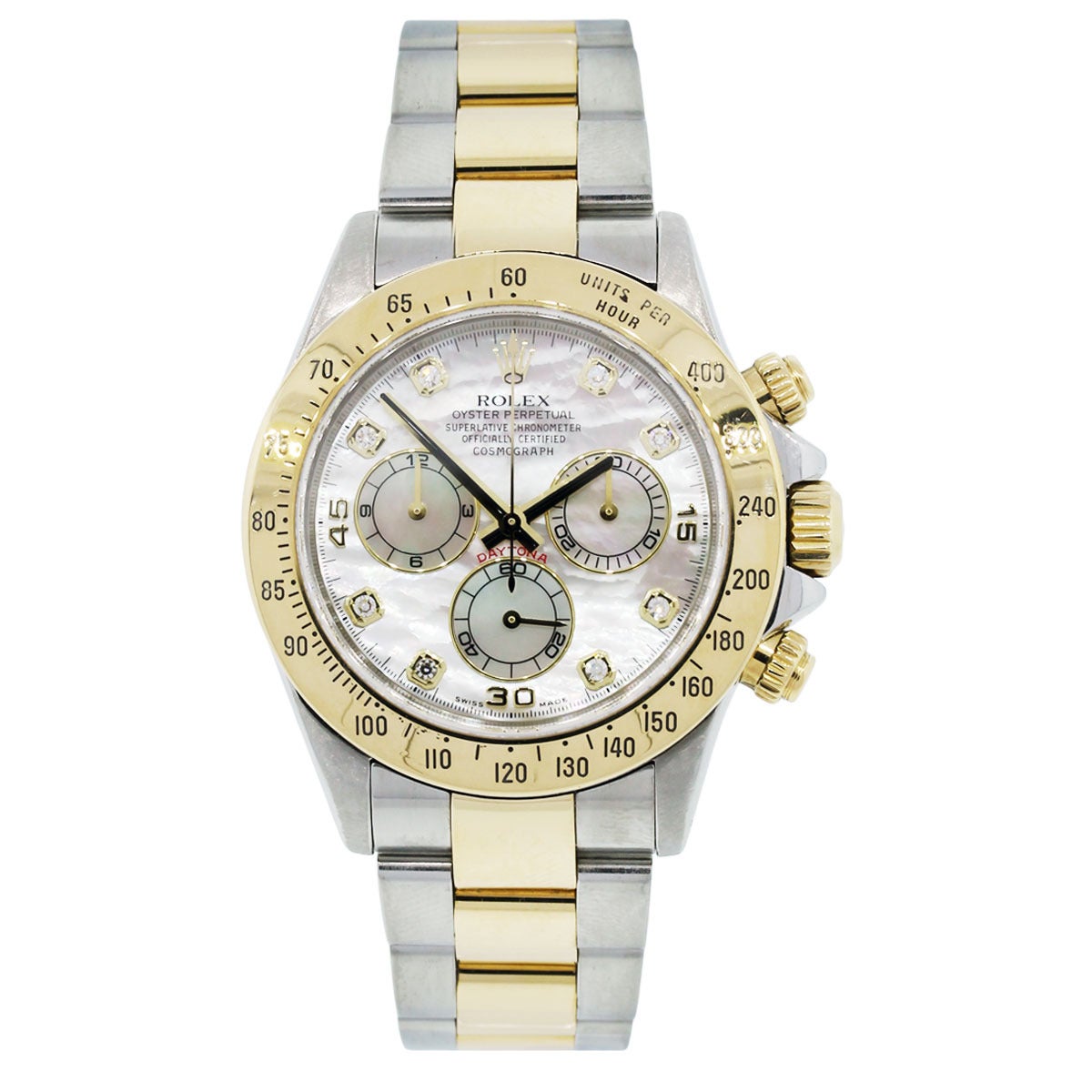 Company: Rolex
Model: Daytona
Model #: 116523
Case Material: Stainless Steel
Case Diameter: 40 mm
Bezel: 18k Yellow Gold Fixed
Bracelet: Stainless Steel and 18k Yellow Gold Oyster with Deployment Clasp
Dial 	Mother of Pearl with Diamond Dial
