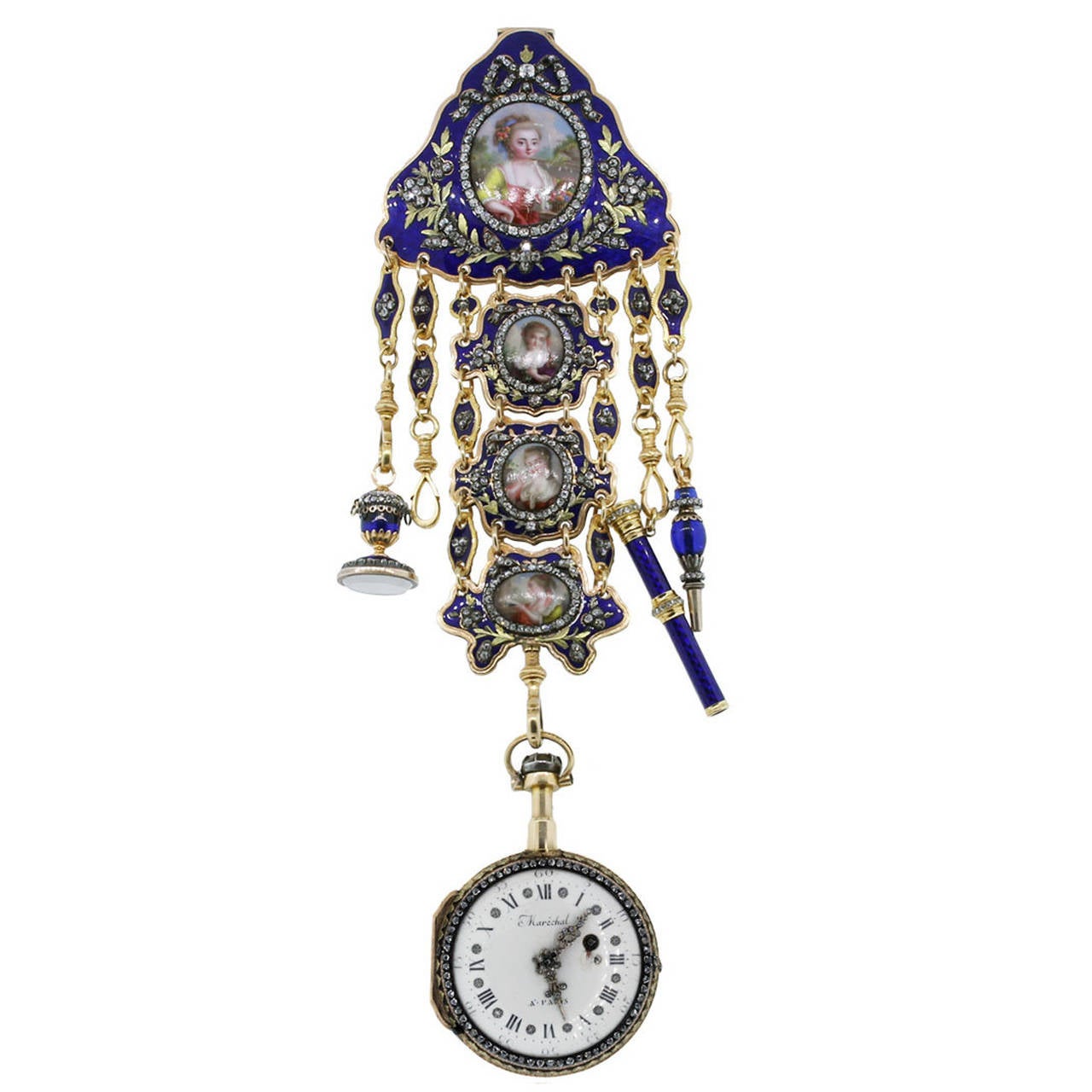 French Yellow Gold Diamond Cameos Pocket Watch