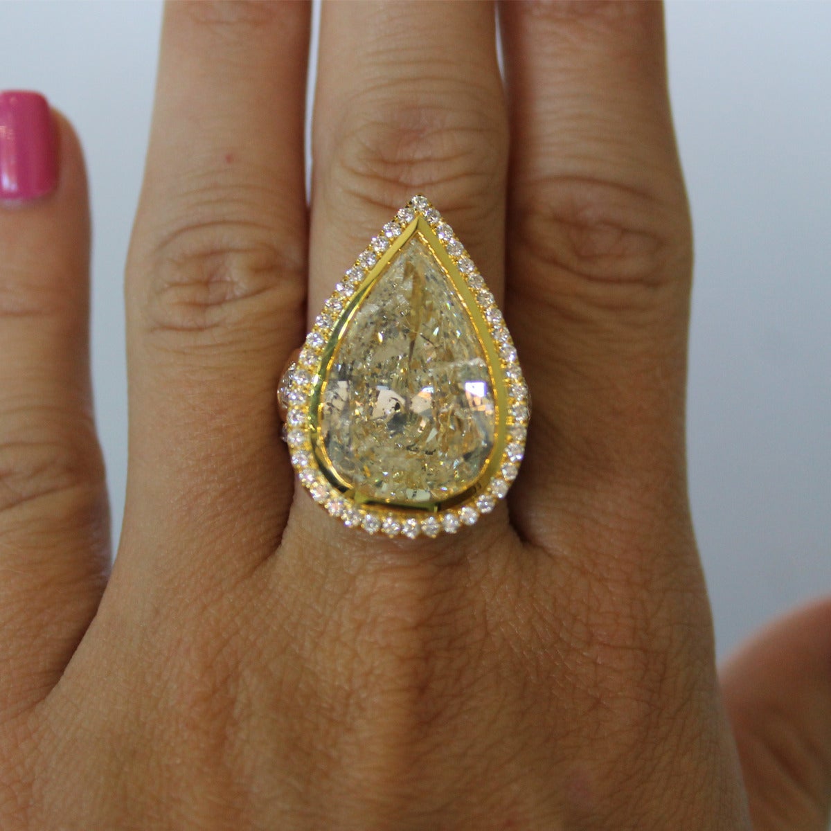 14.33 Carat Fancy Light Yellow Pear Shaped Diamond Gold Engagement Ring 1
