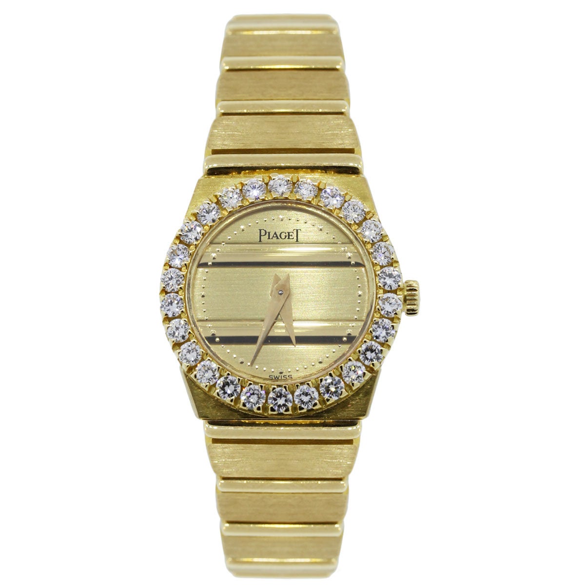 Brand: Piaget
Model: Polo
Reference Number: 8296
Case Material : 18k Yellow Gold
Dial: Gold Dial
Bezel: Factory original diamond bezel
Case Measurements: 22mm
Bracelet: 18k Yellow Gold 
Clasp: Jewelers clasp
Movement: Quartz
Size: Will fit