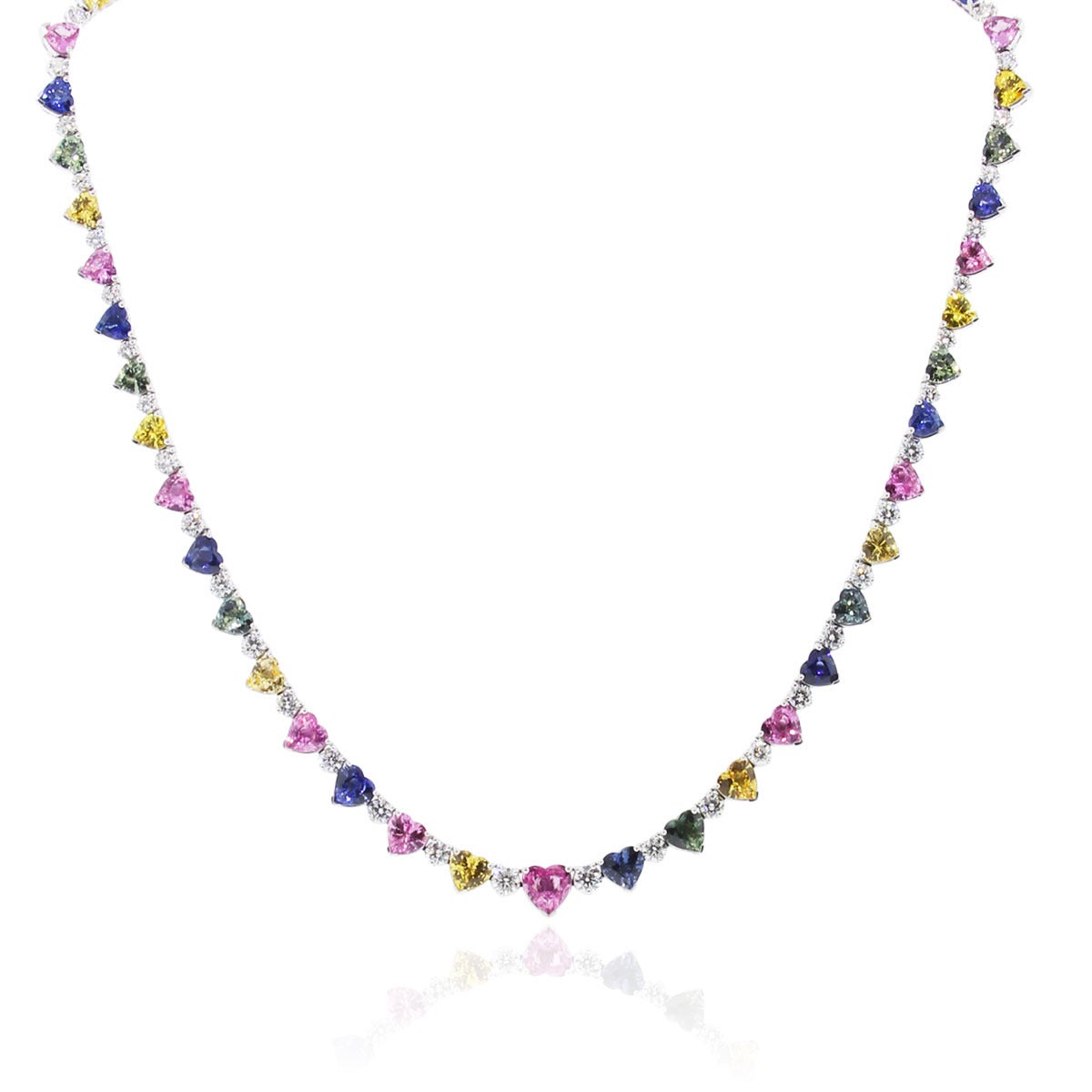 Style: 18k White Multi Colored Gemstone & 4.6ctw Diamond Necklace
Material: 18k White Gold
Diamond Details: Approximately 4.6ctw of Round Brilliant White Diamonds, Diamonds are G/H in Color and V/S in Clarity
Gemstones Details: Approximately