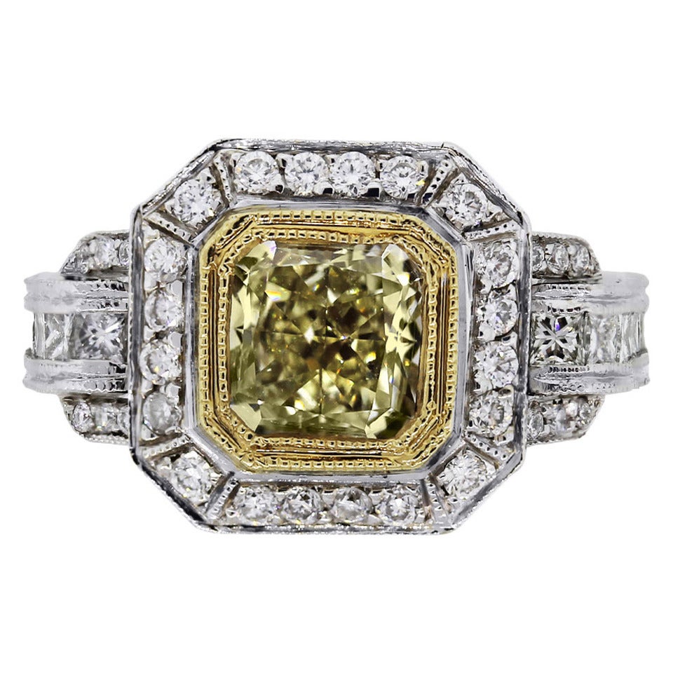 1.64 Carat Square Brilliant Fancy Yellow Diamond Two Tone Ring