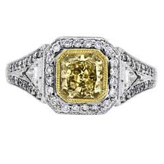 Vintage 0.96 Carat Square Brilliant Fancy Yellow Diamond Two Tone Ring