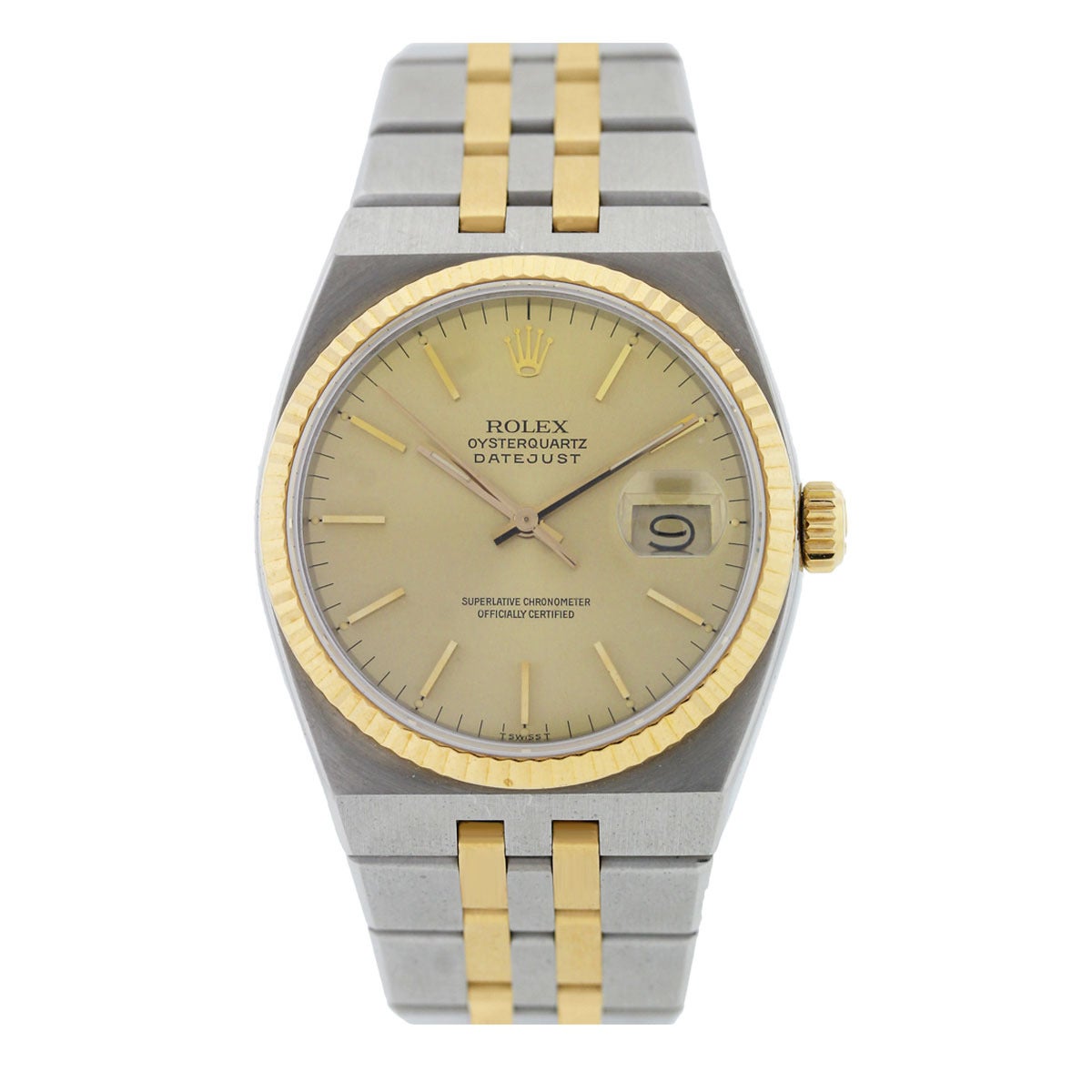 Brand: Rolex
Model: Datejust
Reference: 17013
Case Material: Yellow Gold and Stainless Steel
Movement: Oyster Quartz
Case Measurement: 36mm
Dial: Champagne Dial with Gold Stick Dial Markers, Date at 3 o'clock 
Crystal: Scratch Resistant