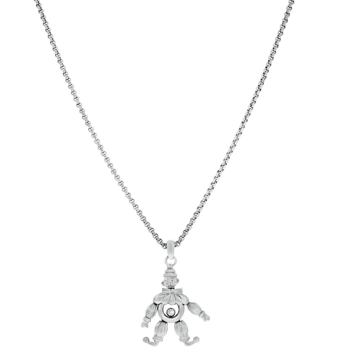 Designer: Chopard
Style: Chopard 18k White Gold Clown Charm Floating Diamond Necklace
Metal: 18k White Gold
Diamond Details: 1 round brilliant diamond approximately 0.03ct.  Diamonds are G in color and VS in clarity
Pendant Details: Pendant