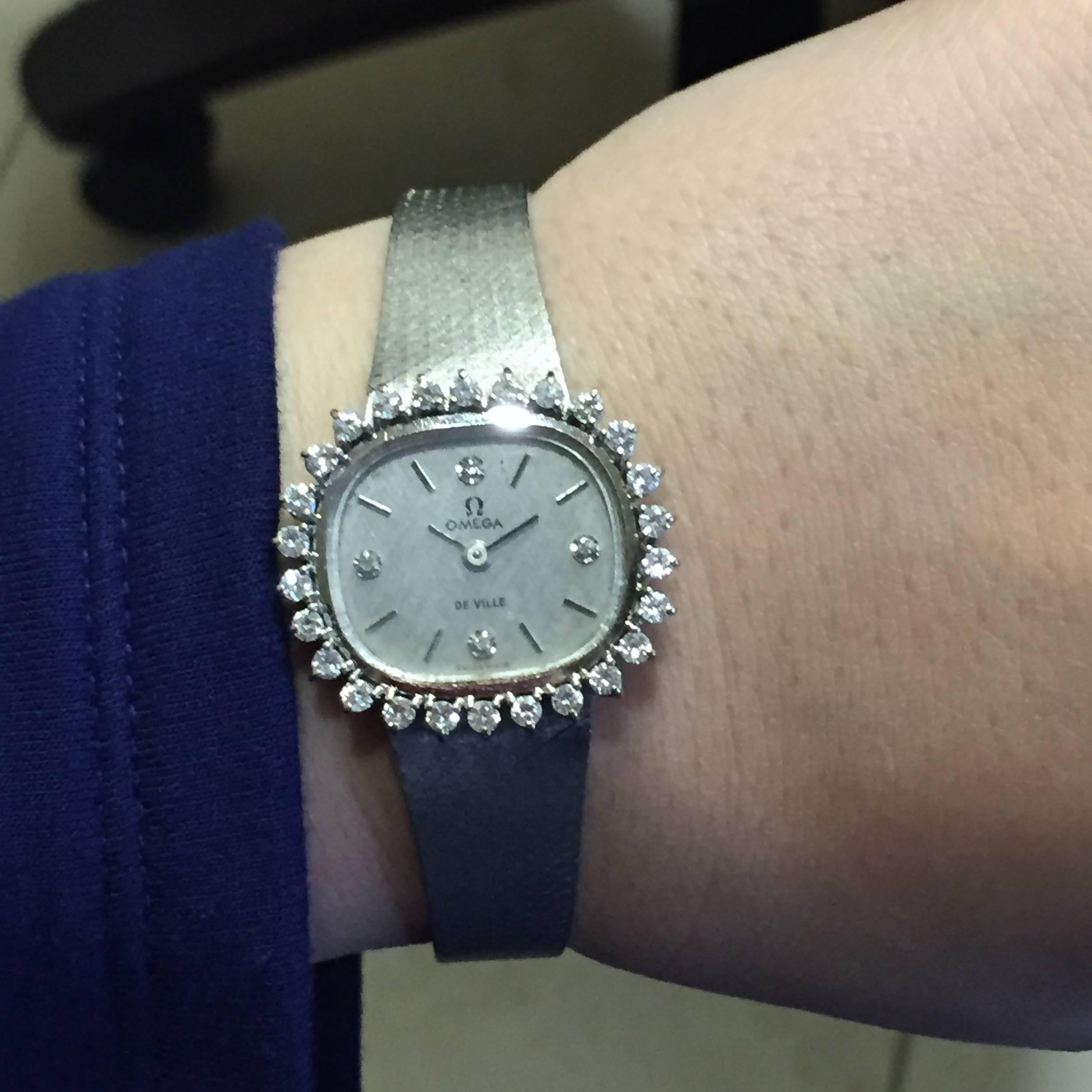 Women's Omega lady's White Gold Diamond Dial De Ville Wristwatch