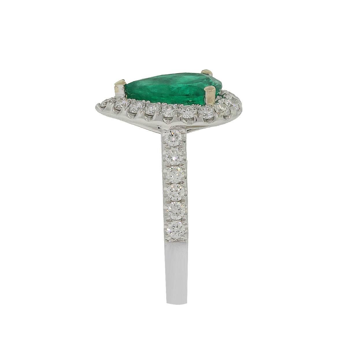 Style: 18k White Gold 2.07ct Pear Shape Emerald & Diamond Halo Engagement Ring
Material: 18k White Gold
Gemstone Details: 1 Pear Shape Emerald approximately 2.07ct.  0.46