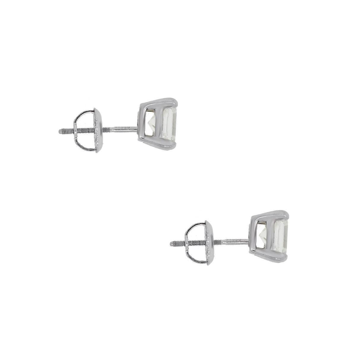 Style: Tiffany & Co. Platinum 1.83ctw Emerald Cut Diamond Stud Earrings
Material: Platinum
Diamond Details: 2 Emerald Cut Diamonds approximately 1.83ctw total. Diamonds are F in color and VVS2/VS1 in clarity.
Earring Measurements: 0.64