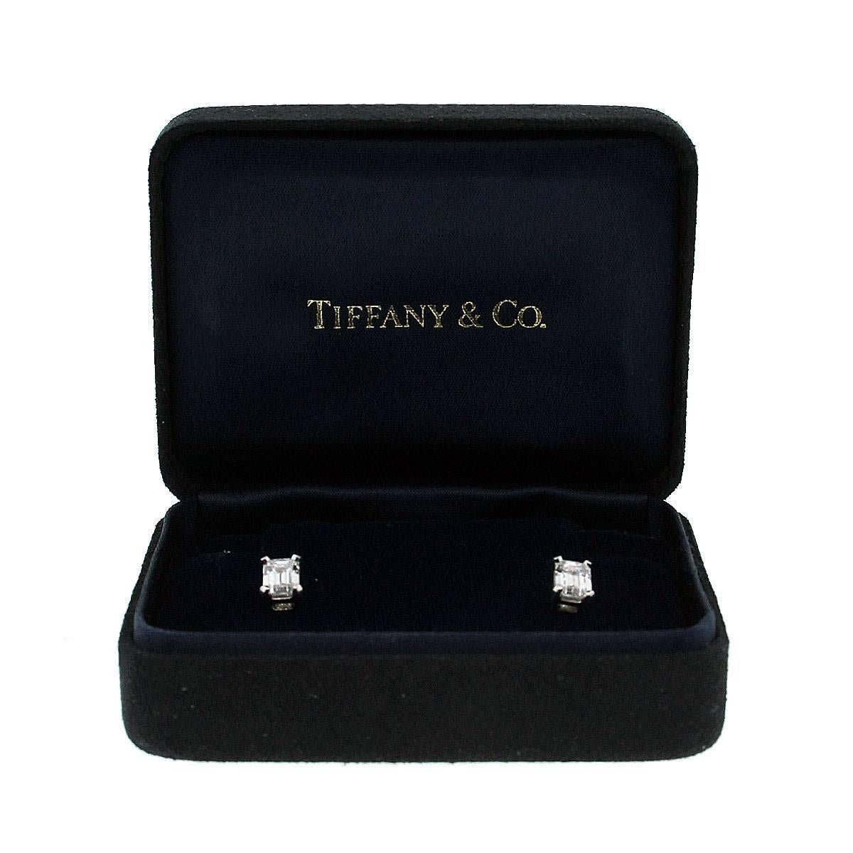 Tiffany & Co. Emerald Cut Diamond Platinum Stud Earrings In Excellent Condition In Boca Raton, FL