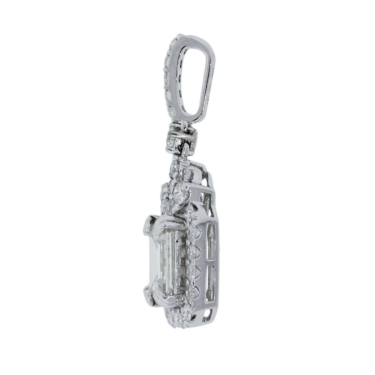 Style: 18k White Gold 1.13ct Emerald Cut GIA cert. Diamond Pendant
Material: 18k White Gold
Diamond Details: Emerald cut GIA certified diamond is 1.13ct. Diamond is K in color and SI1 in clarity. Approximately 0.64ctw of Round Brilliant diamonds.