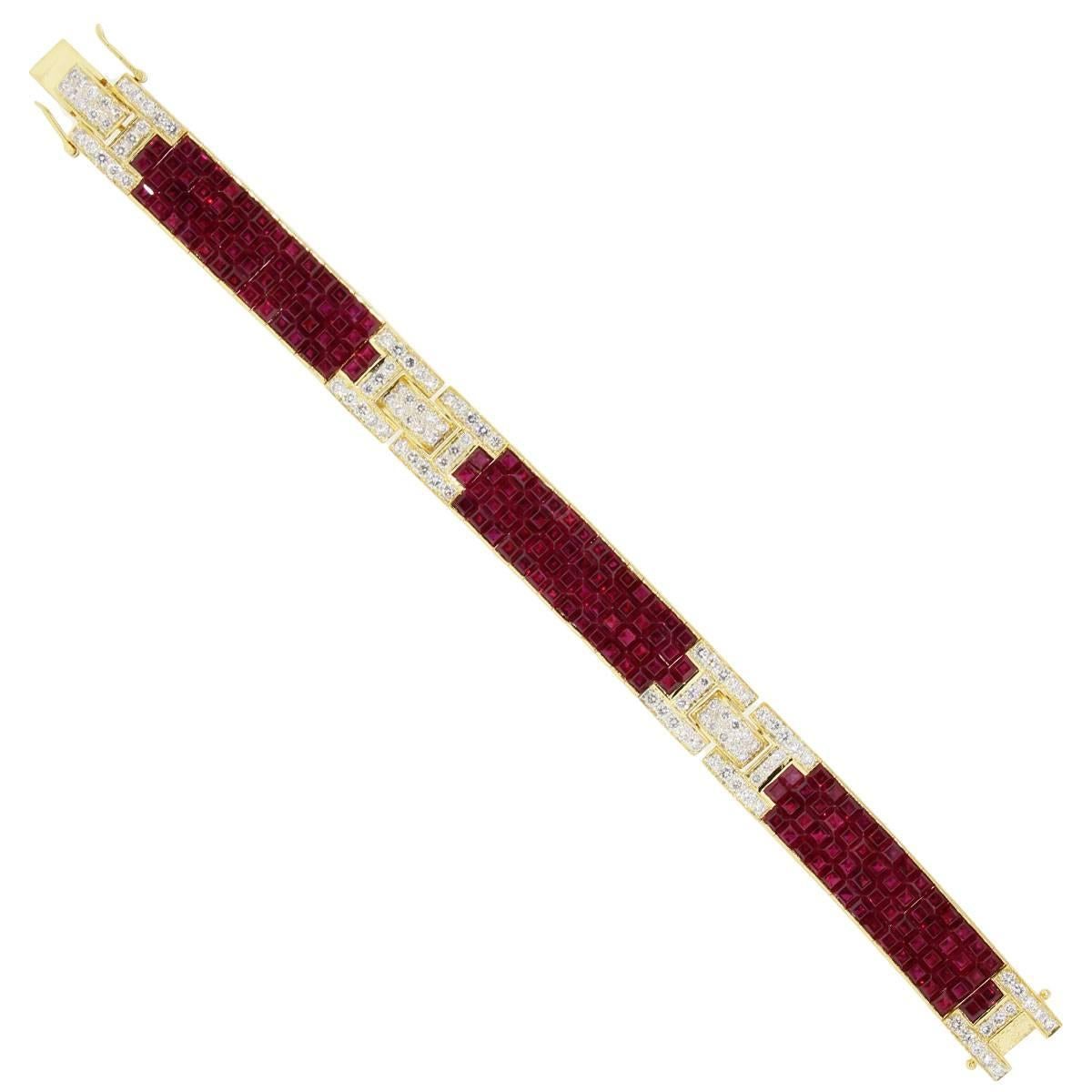 Style: 18k Yellow Gold 2.16ctw Diamonds and 8.5ctw Rubies Bracelet
Material: 18k Yellow Gold
Diamond Details: Approximately 2.16ctw of Round Brilliant Diamonds. Diamonds are G/H in color and VS in clarity.
Gemstone Details: Approximately 8.5ctw of