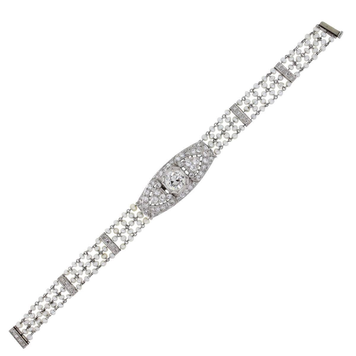 Pearl and 3.58 Carats Diamonds Platinum Bracelet For Sale