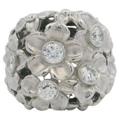 Stambolian 18k White Gold Natural Round Brilliant Cut Diamond Flower Ring