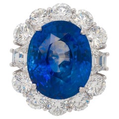 GIA Natural 18.28 Carat Oval Blue Sapphire & Diamond Platinum Ring In Stock