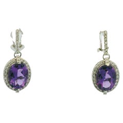 14k White Gold Natural Purple Amethyst & Diamond Halo Drop Earrings In Stock