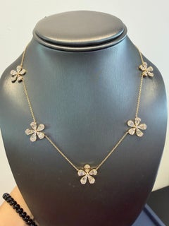 18K Yellow Gold Natural Baguette & Round Brilliant Diamond Large Flower Necklace