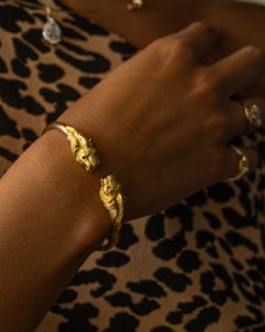 18K Gelbgold Doppelter Löwenkopf & Rubinauge Armreif Manschettenarmband Vorrätig