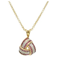 14K Yellow Gold Natural Ruby and Diamond Crossover Triangle Pendant Necklace