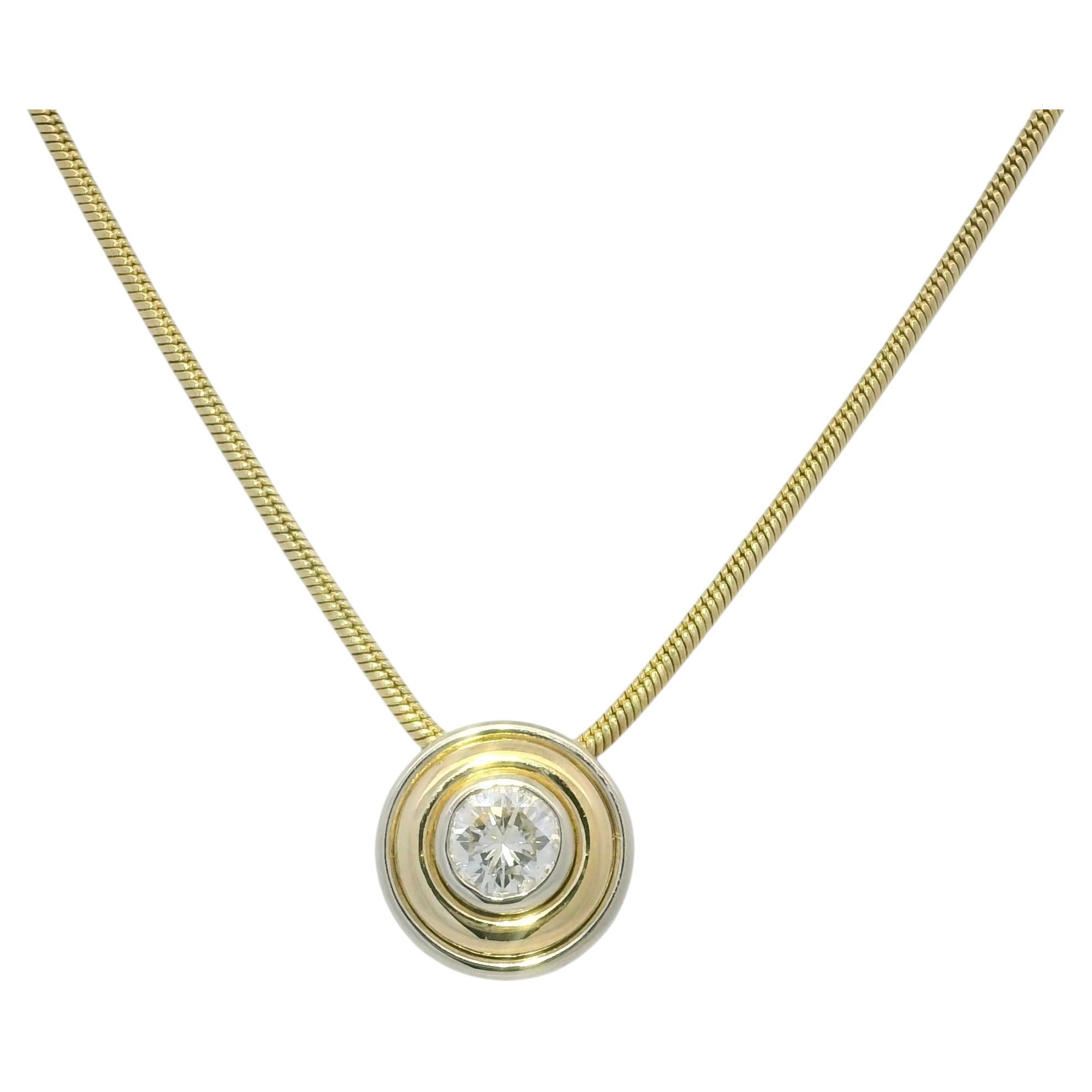 14K White & Yellow Gold Natural Diamond Thick Bezel Set Pendant Necklace For Sale