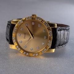 Piaget 18k Yellow Gold Diamond Dial Black Leather Strap Watch