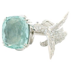 GIA 18K White Gold Blueish Green Aquamarine & Diamond Bird Wrap Ring