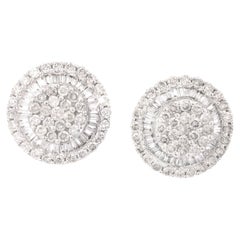 14K White Gold Natural Round & Baguette Diamond Cluster Stud Earrings