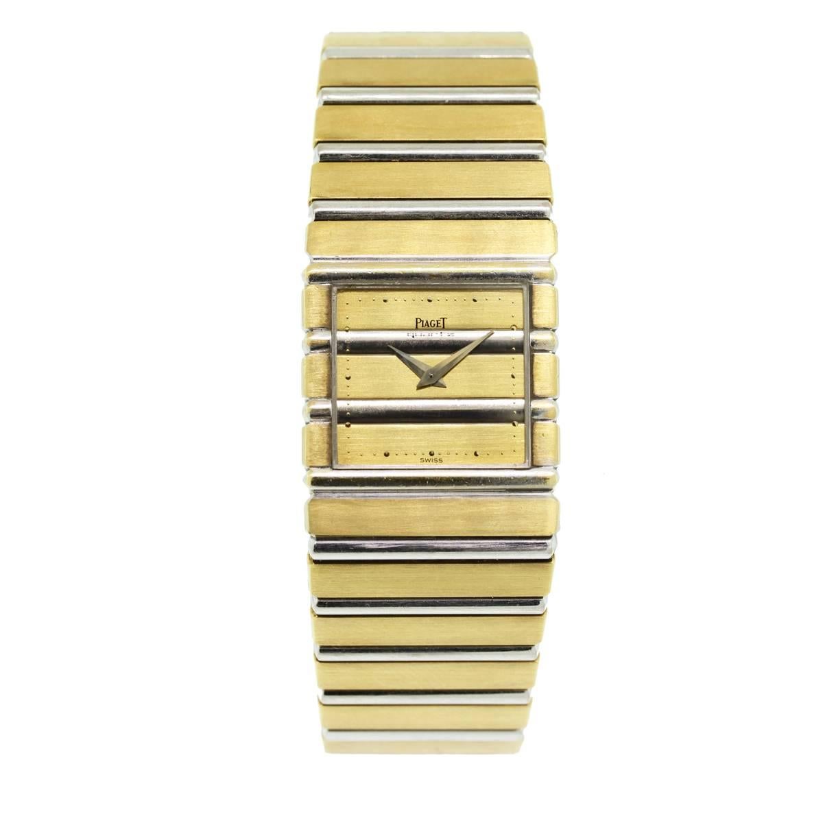 Brand	Piaget
Model	Polo
Case Measurement	24 mm x 20mm
Case Material	18k Yellow Gold and 18K White Gold
Dial	Gold
Bracelet	18k Yellow Gold and White Gold
Crystal	Scratch Resistant Sapphire
Movement	Quartz
Size	Will fit a 7.5" wrist
Box and