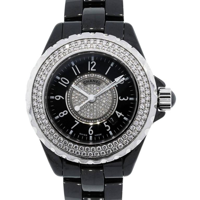 Chanel Lady's Ceramic Diamond Bezel Black Dial Quartz Wristwatch at 1stDibs
