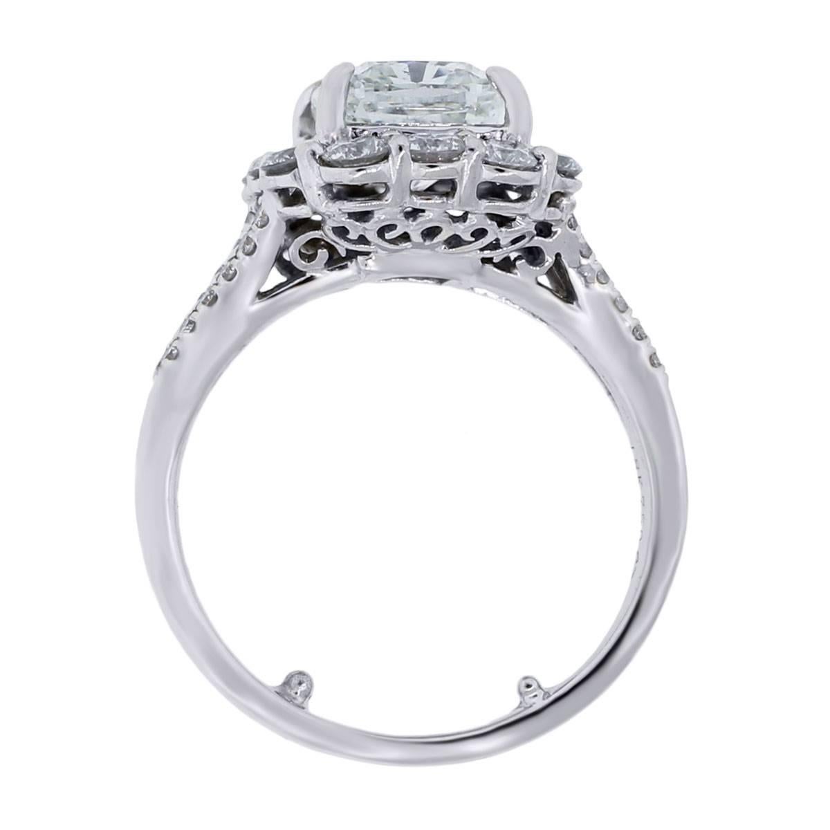 Style: 18k White Gold 1.61ct EGL Certified Cushion Cut Diamond Halo Engagement Ring
Material: 18k White Gold
Center Diamond Details: EGL certified Cushion Cut Diamond. Diamond is G in color and VS1 in clarity
Mounting Diamond Details: