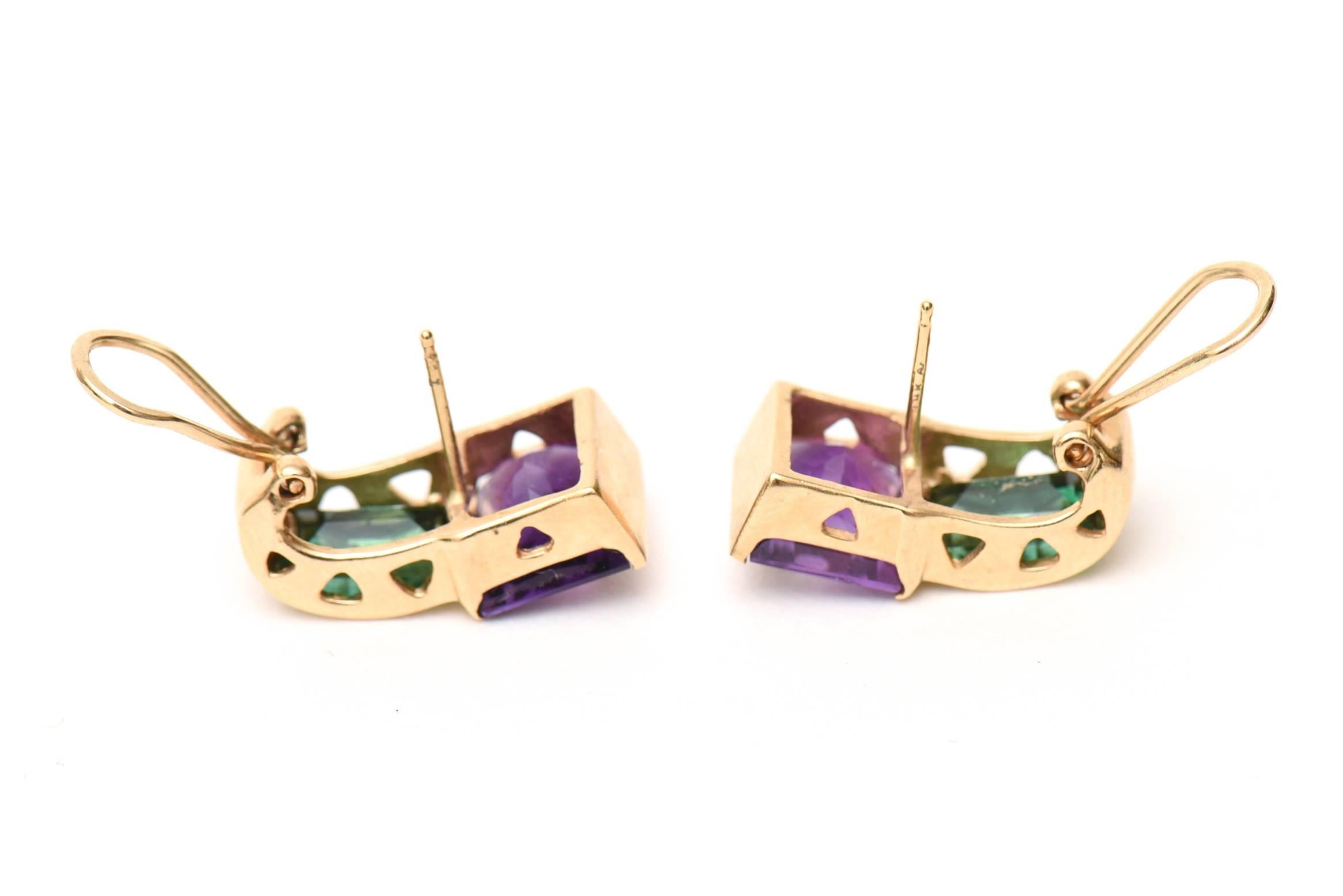 Green Tourmaline Amethyst Gold Pierced Earrings 1