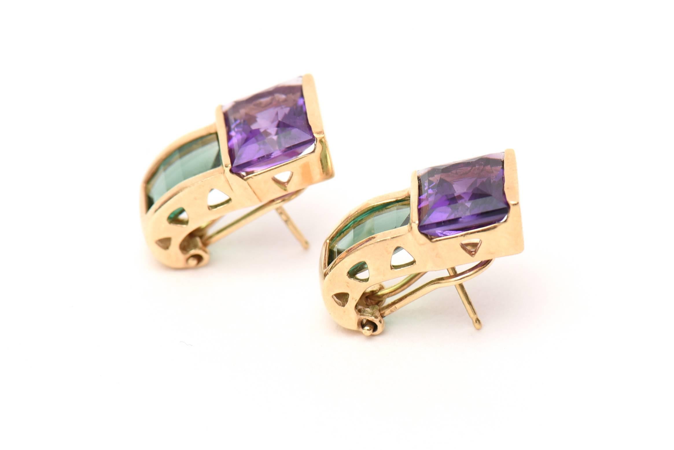 Green Tourmaline Amethyst Gold Pierced Earrings In Excellent Condition In North Miami, FL