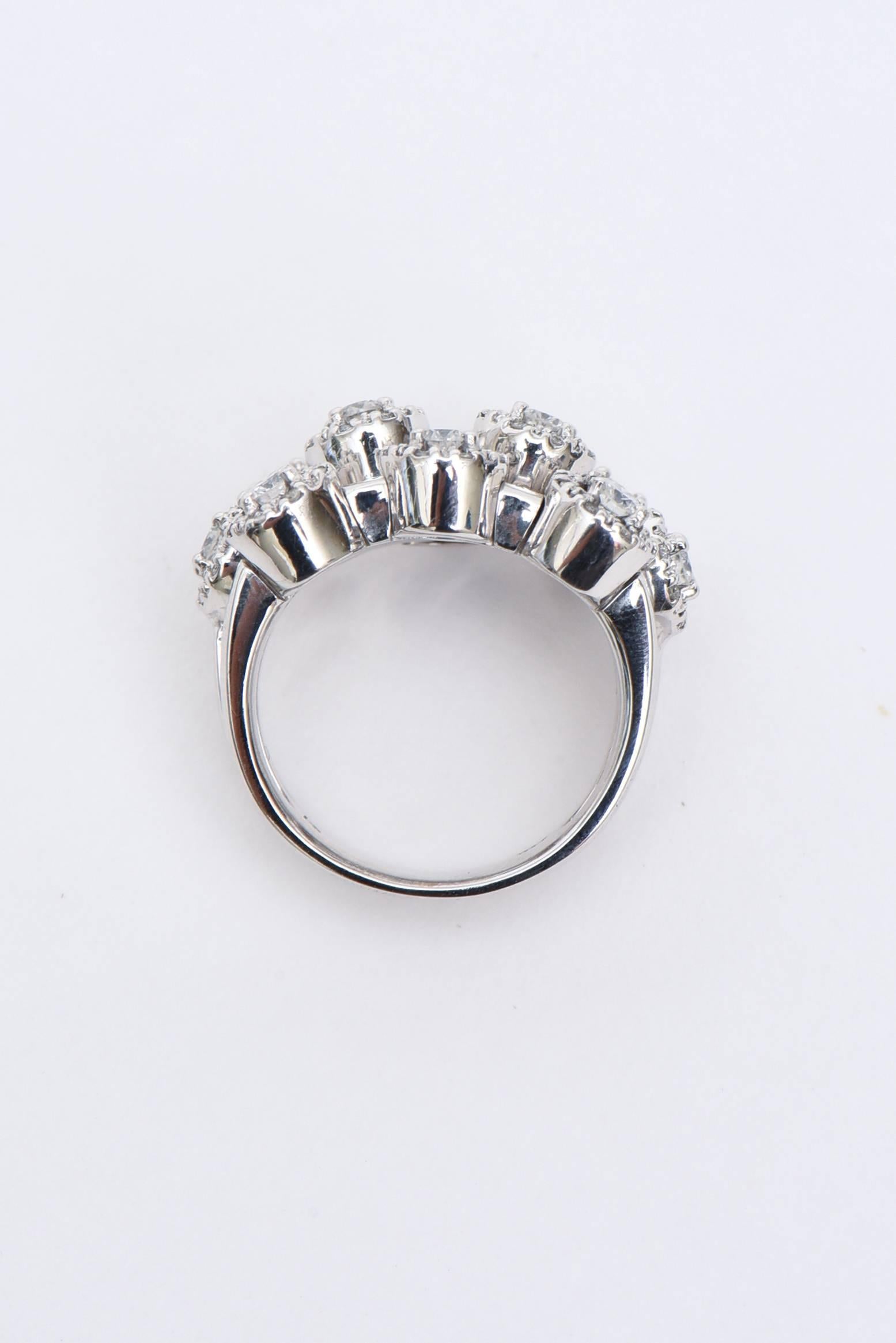 Women's 14 Karat White Gold Diamond Three Row Trembler Ring  For Sale