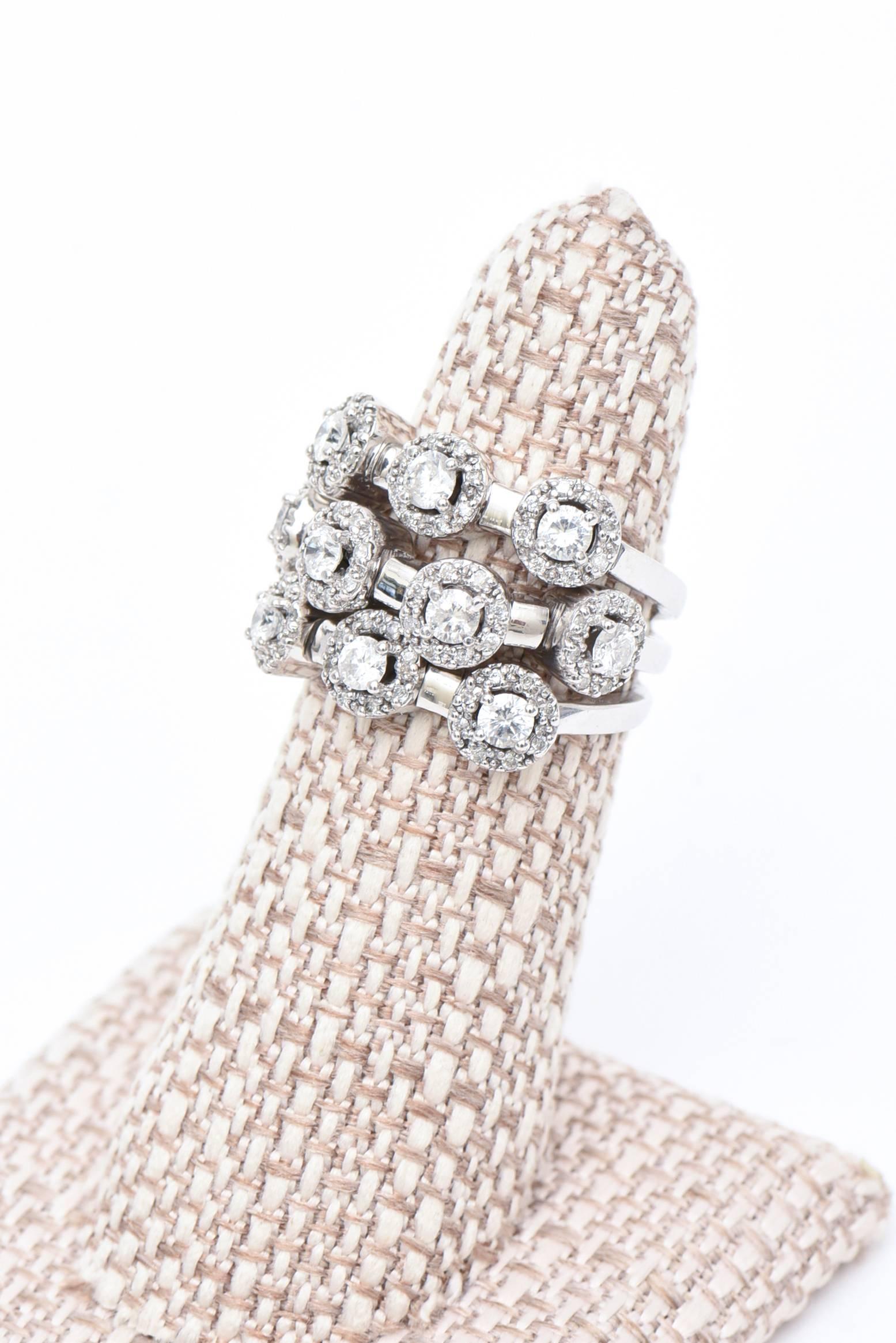 14 Karat White Gold Diamond Three Row Trembler Ring  In Good Condition For Sale In North Miami, FL