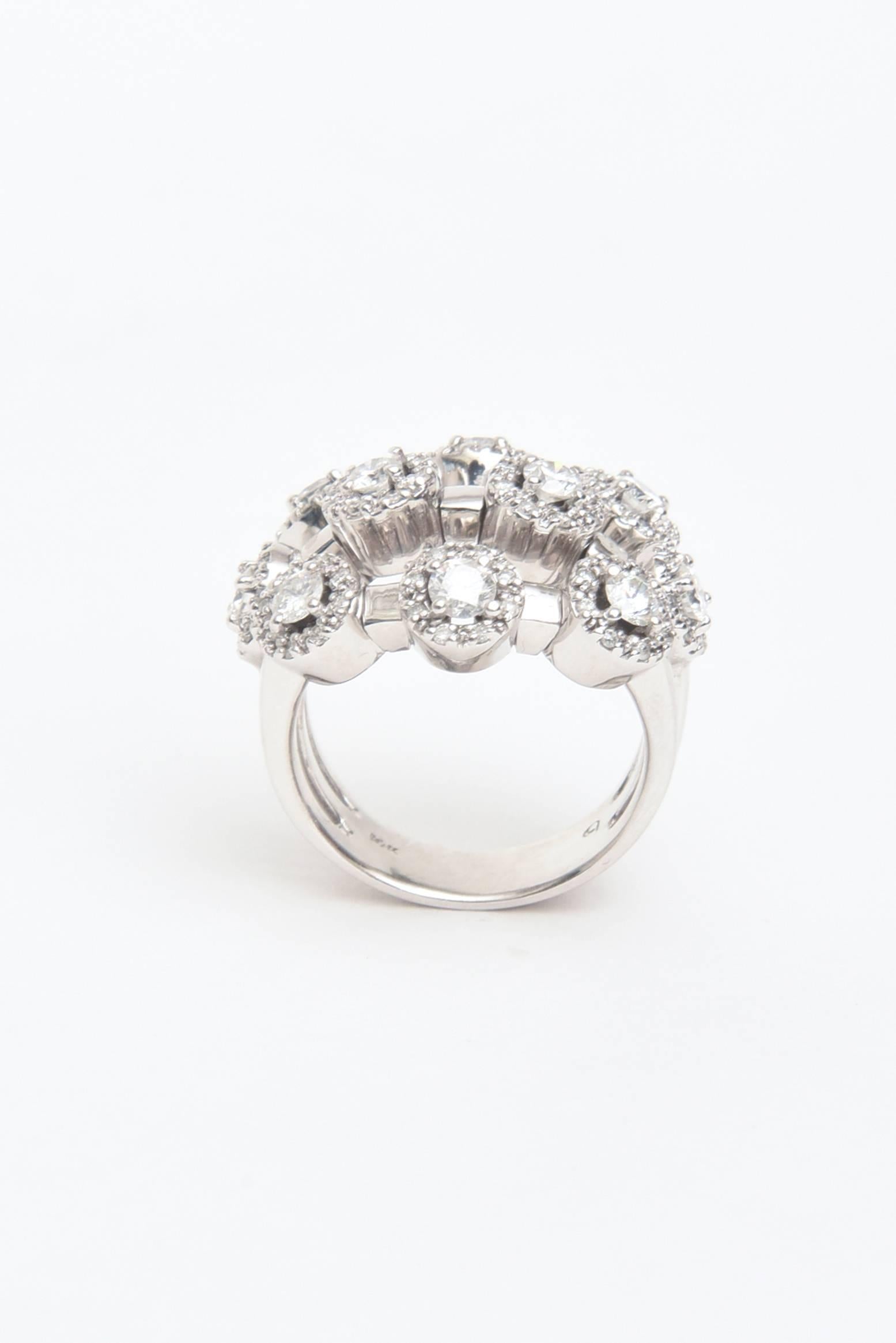 14 Karat White Gold Diamond Three Row Trembler Ring  For Sale 2