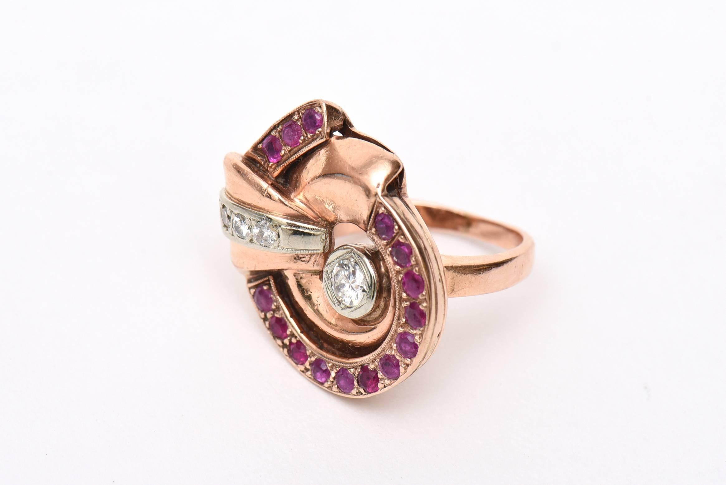 Women's Retro Ruby, Diamond and 14K Rose Gold Cocktail Ring