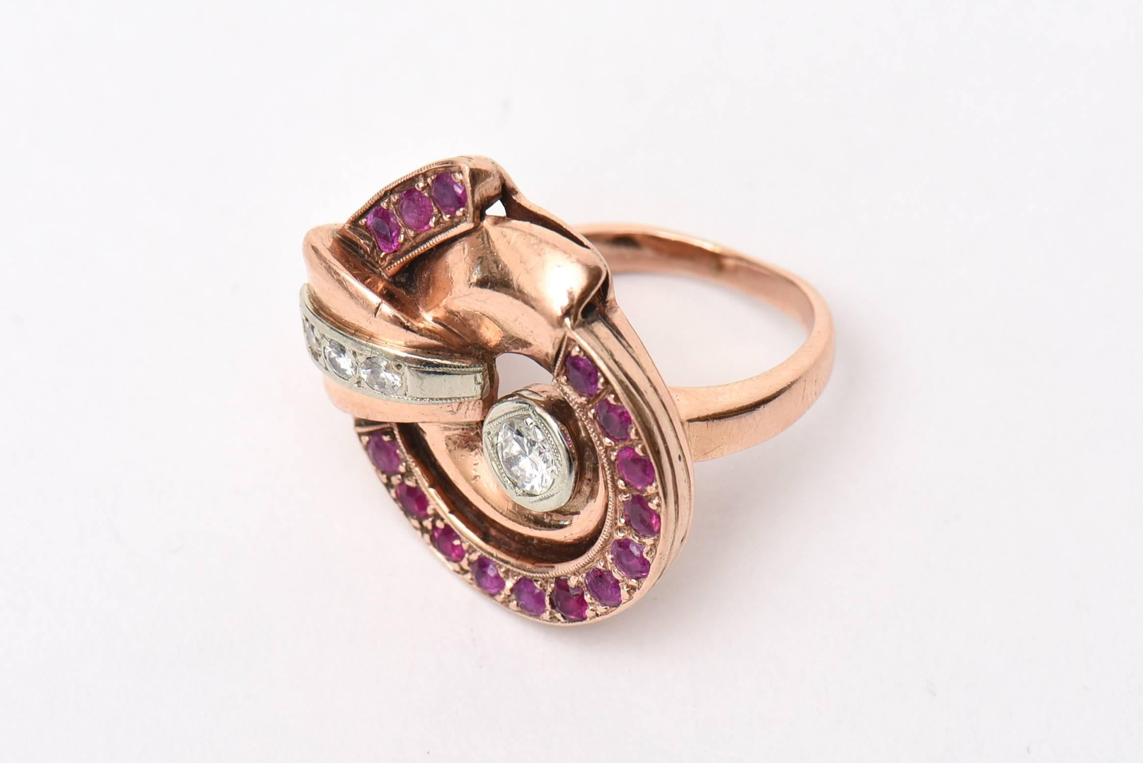 Retro Ruby, Diamond and 14K Rose Gold Cocktail Ring In Excellent Condition In North Miami, FL