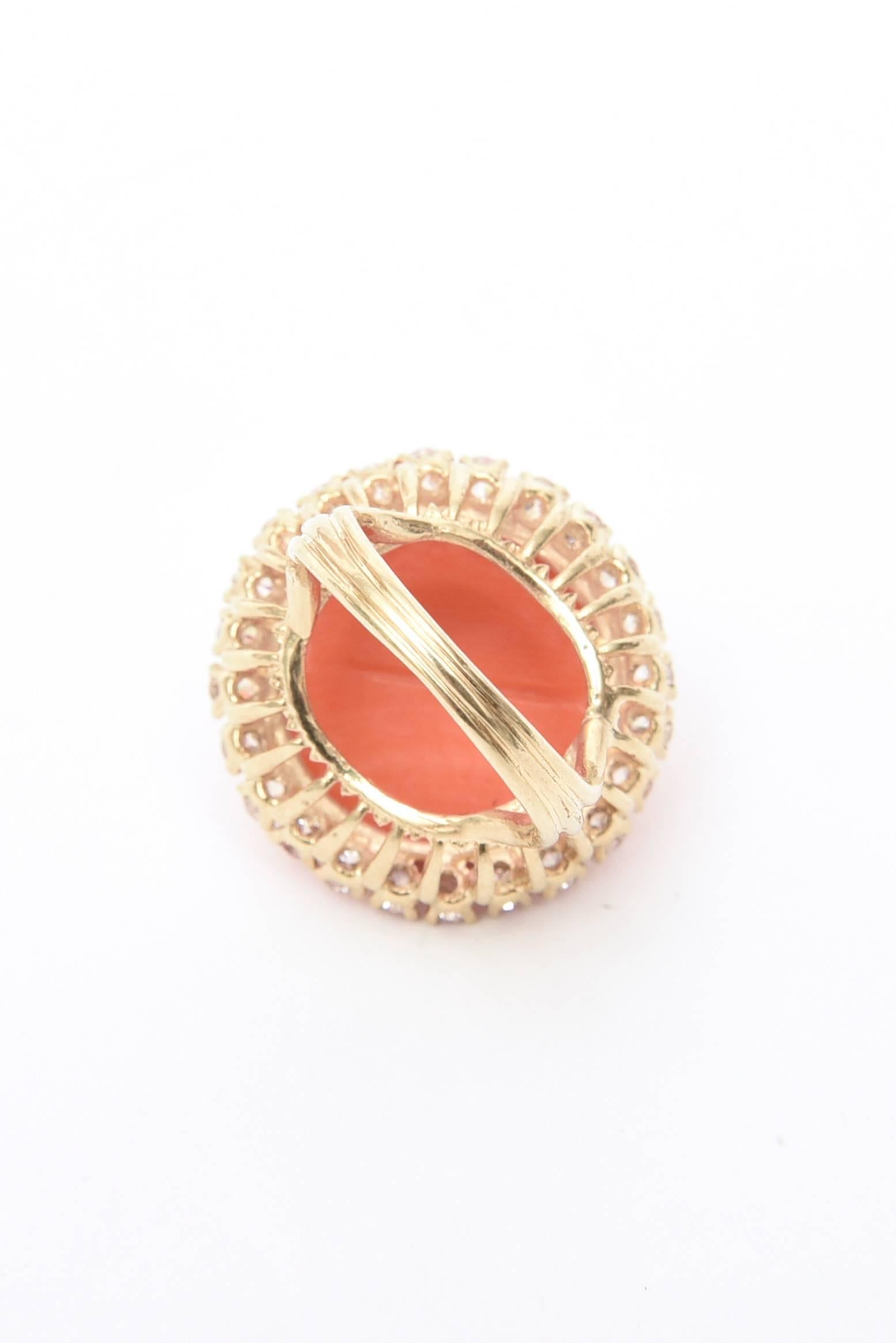  Stunning Vintage Coral, Diamond and 14 Karat Yellow Gold Dome Cocktail Ring 2