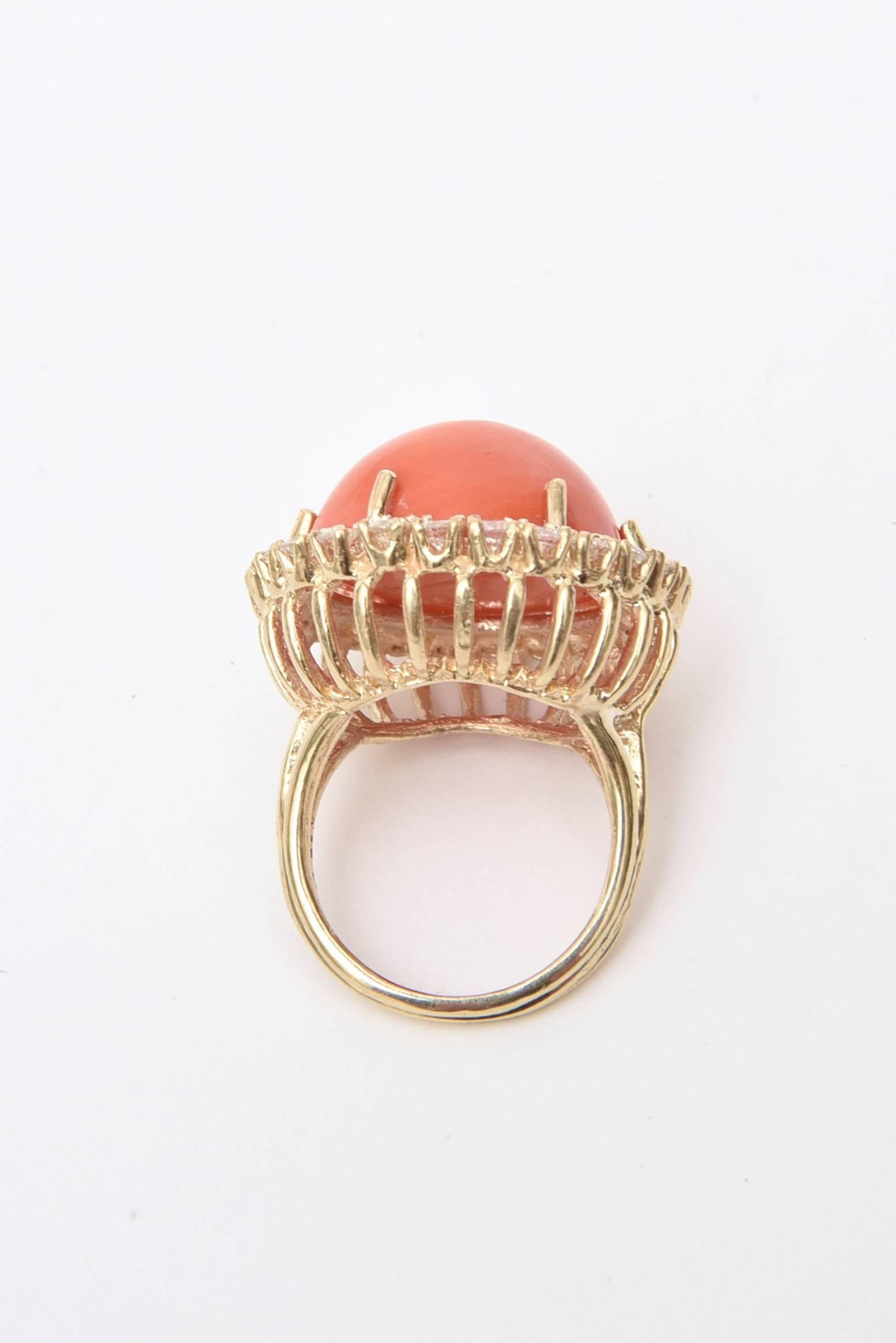  Stunning Vintage Coral, Diamond and 14 Karat Yellow Gold Dome Cocktail Ring 1