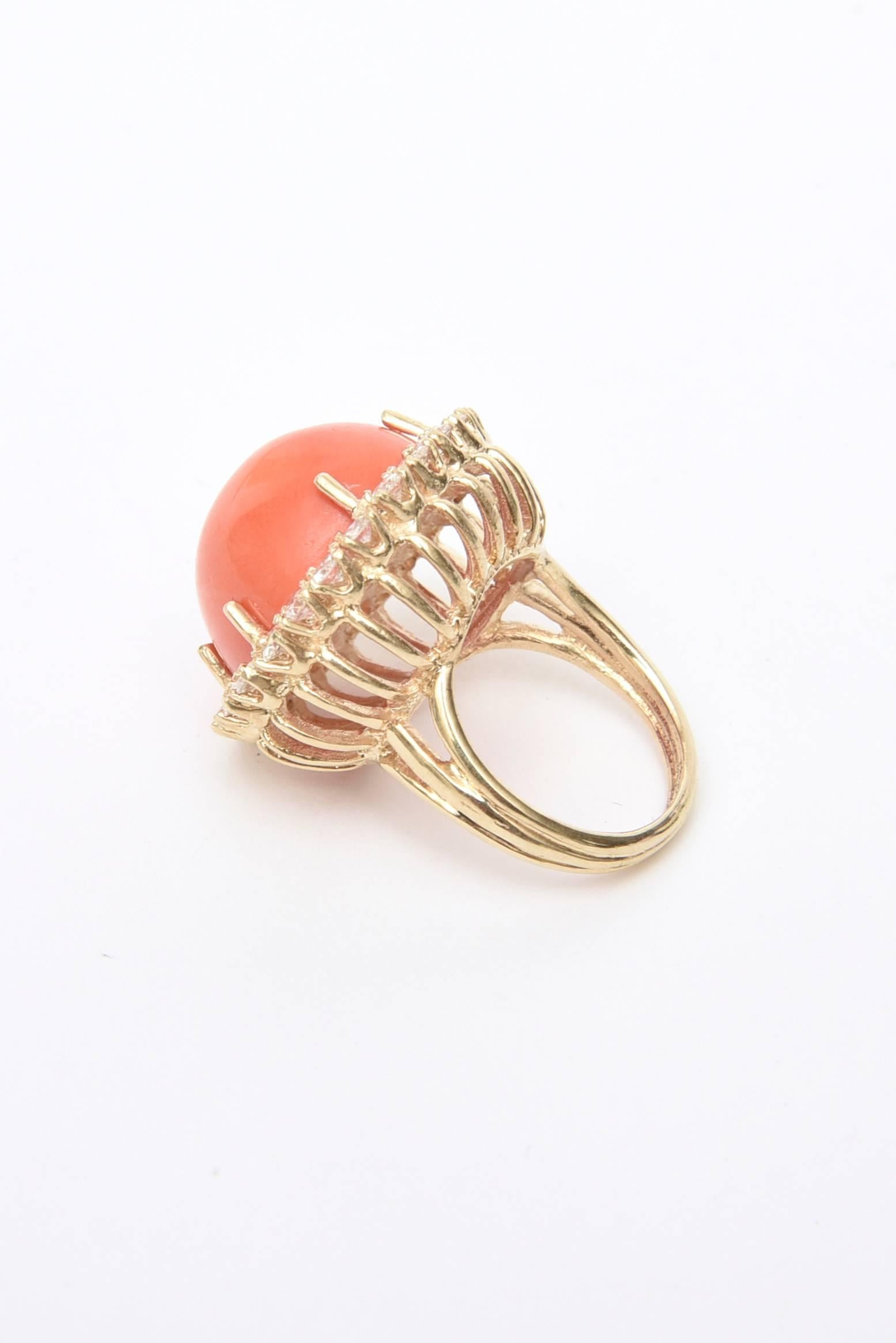 Women's  Stunning Vintage Coral, Diamond and 14 Karat Yellow Gold Dome Cocktail Ring