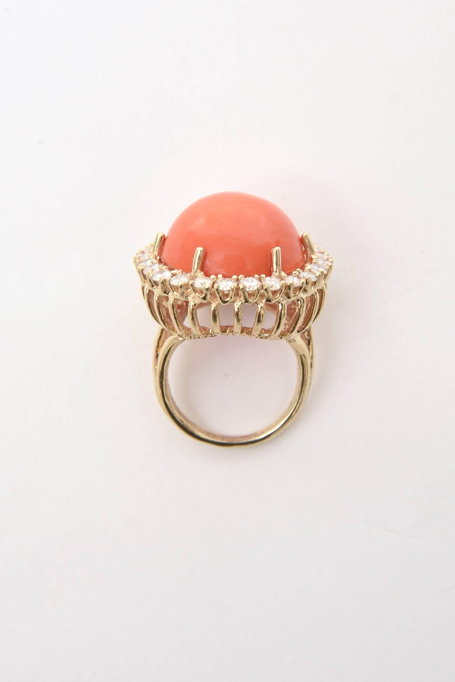 Modern  Stunning Vintage Coral, Diamond and 14 Karat Yellow Gold Dome Cocktail Ring