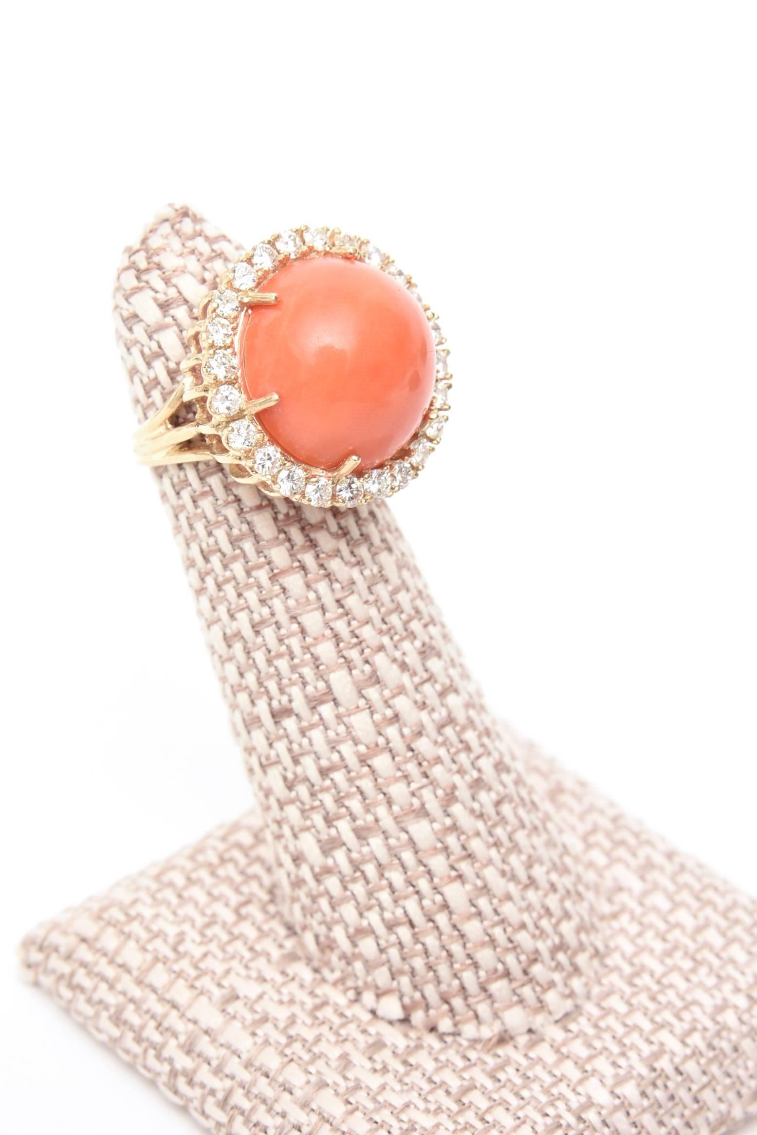  Stunning Vintage Coral, Diamond and 14 Karat Yellow Gold Dome Cocktail Ring 3
