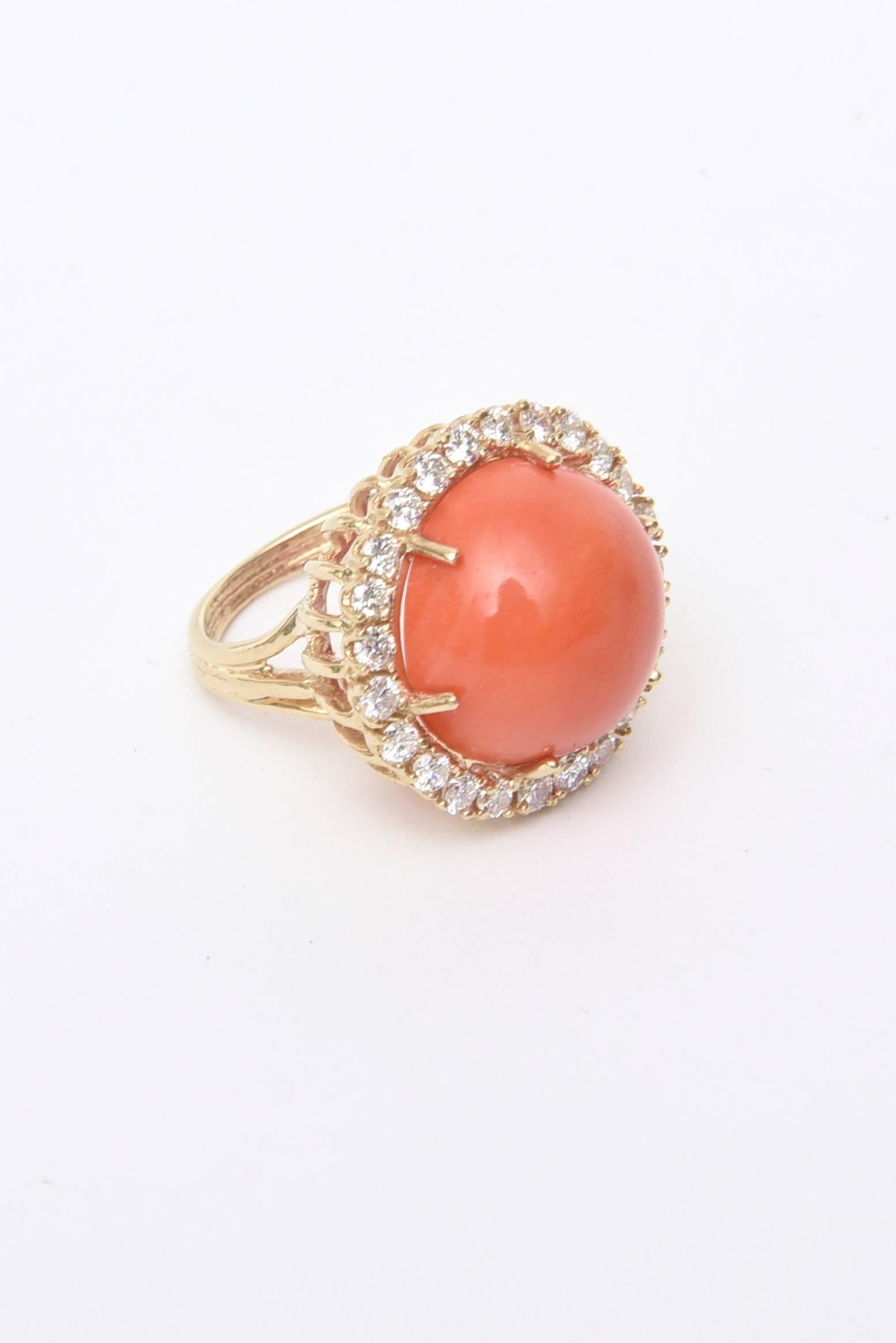  Stunning Vintage Coral, Diamond and 14 Karat Yellow Gold Dome Cocktail Ring In Excellent Condition In North Miami, FL