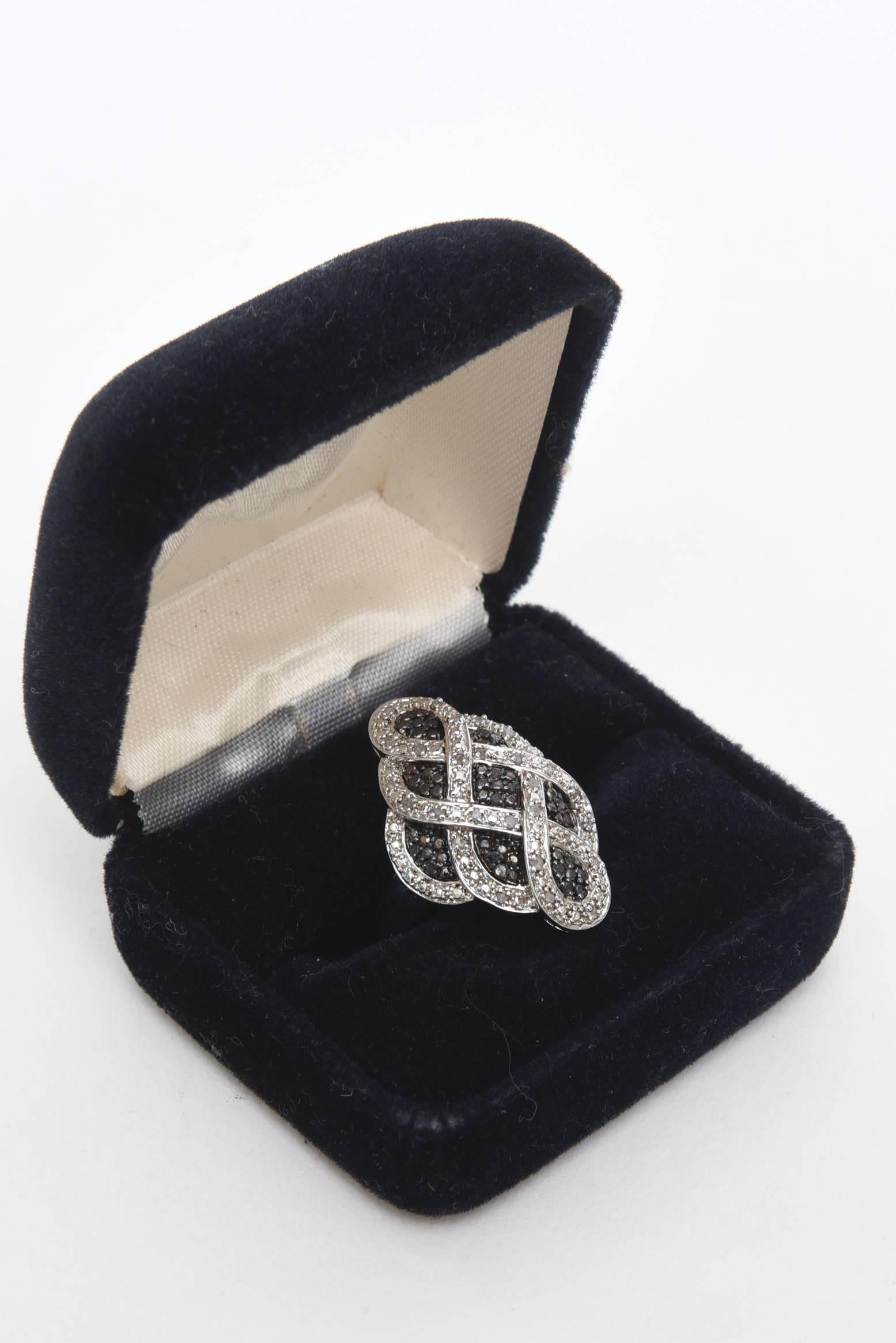  Criss Cross Combination of White and Black Diamonds & Sterling Silver Ring 2