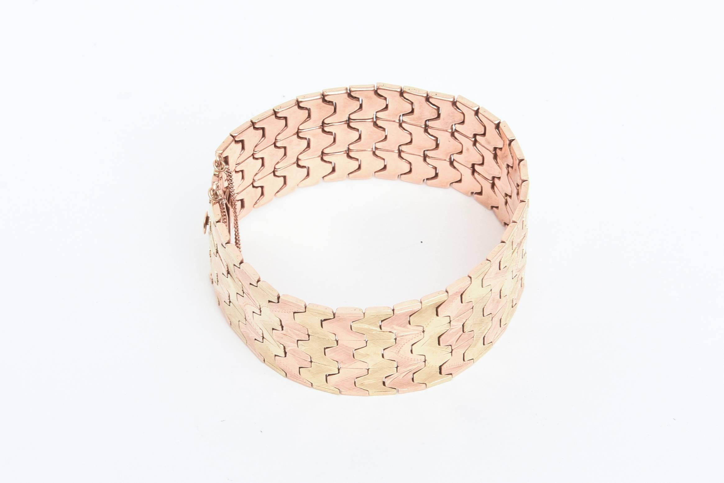 Modern Italian Two Color Gold Zig Zag Wide Cuff Bracelet