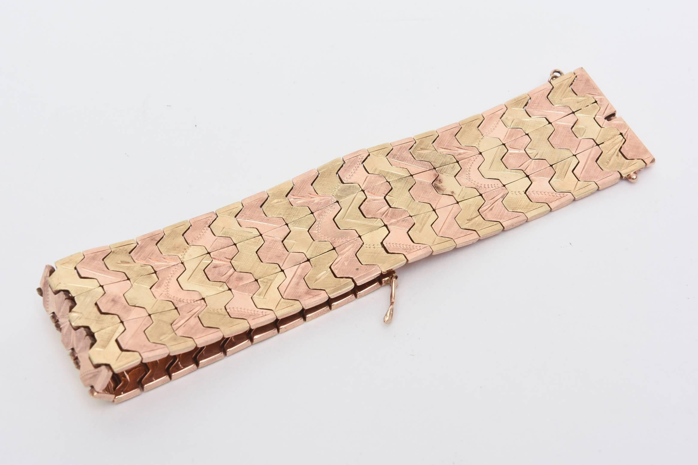 Women's Italian Two Color Gold Zig Zag Wide Cuff Bracelet