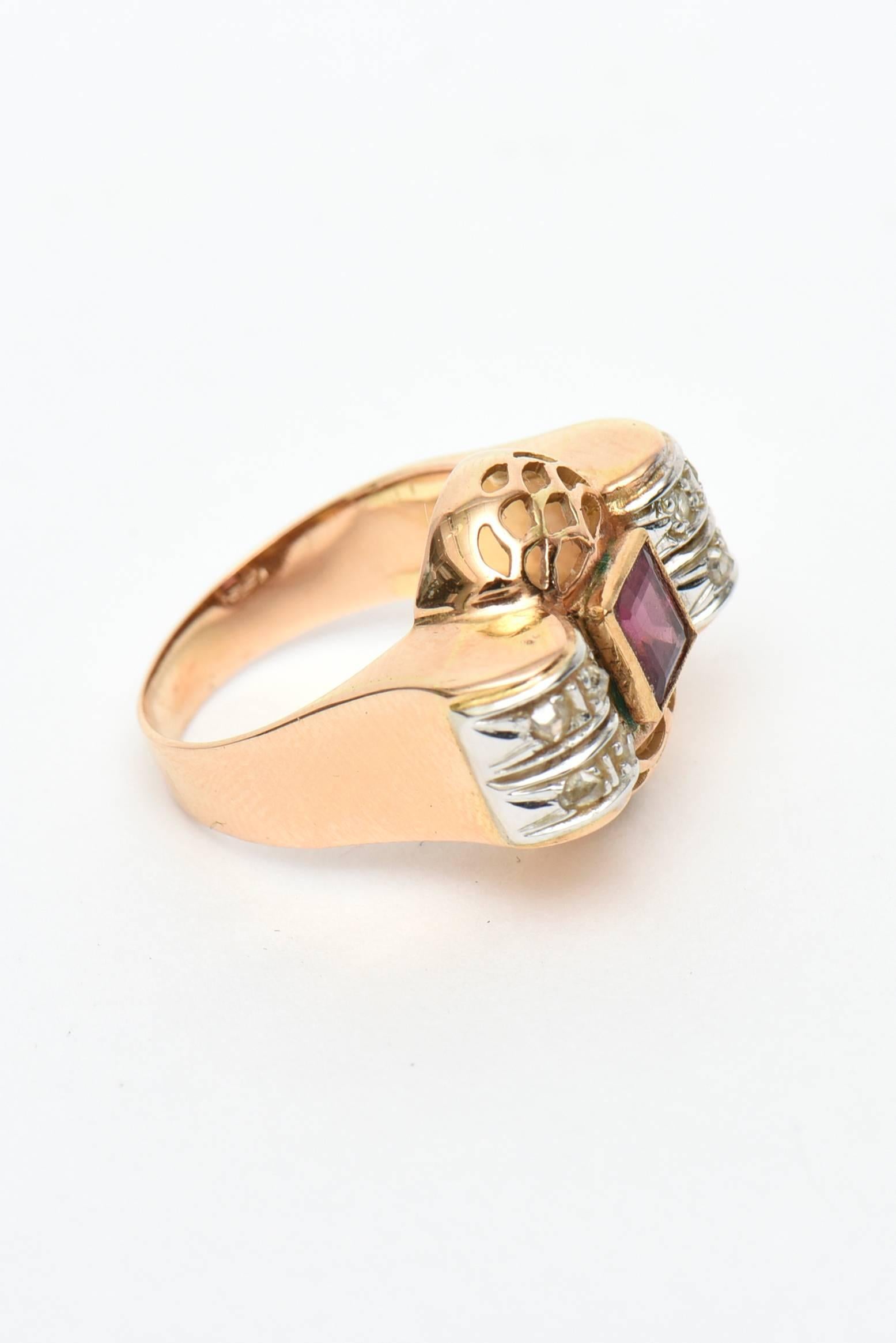 Taglio a rosa Anello retrò in oro rosa 14 carati, diamanti e rubelite in vendita