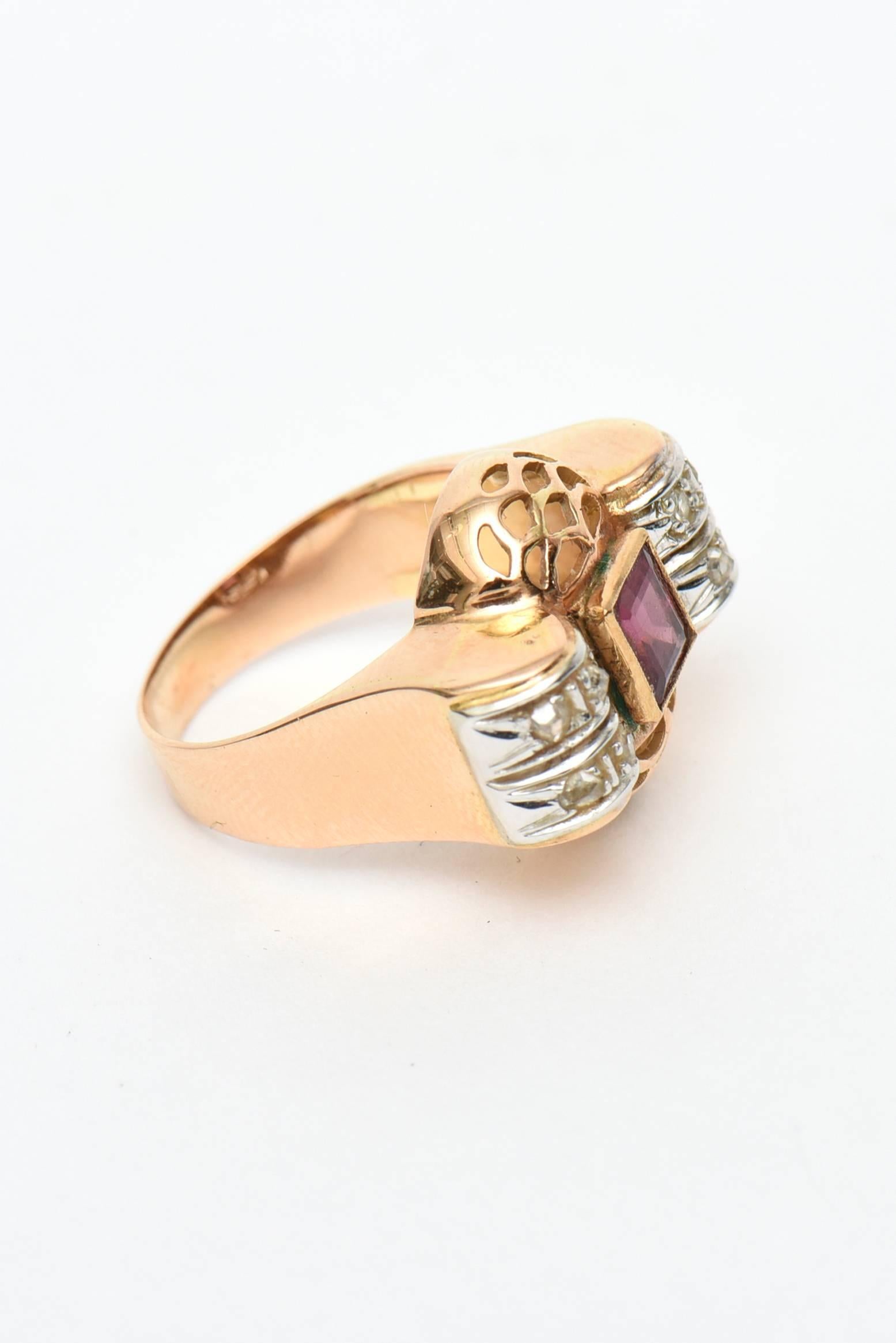 Retro 14 Karat Rose Gold, Diamond and Rubelite Ring In Good Condition For Sale In North Miami, FL