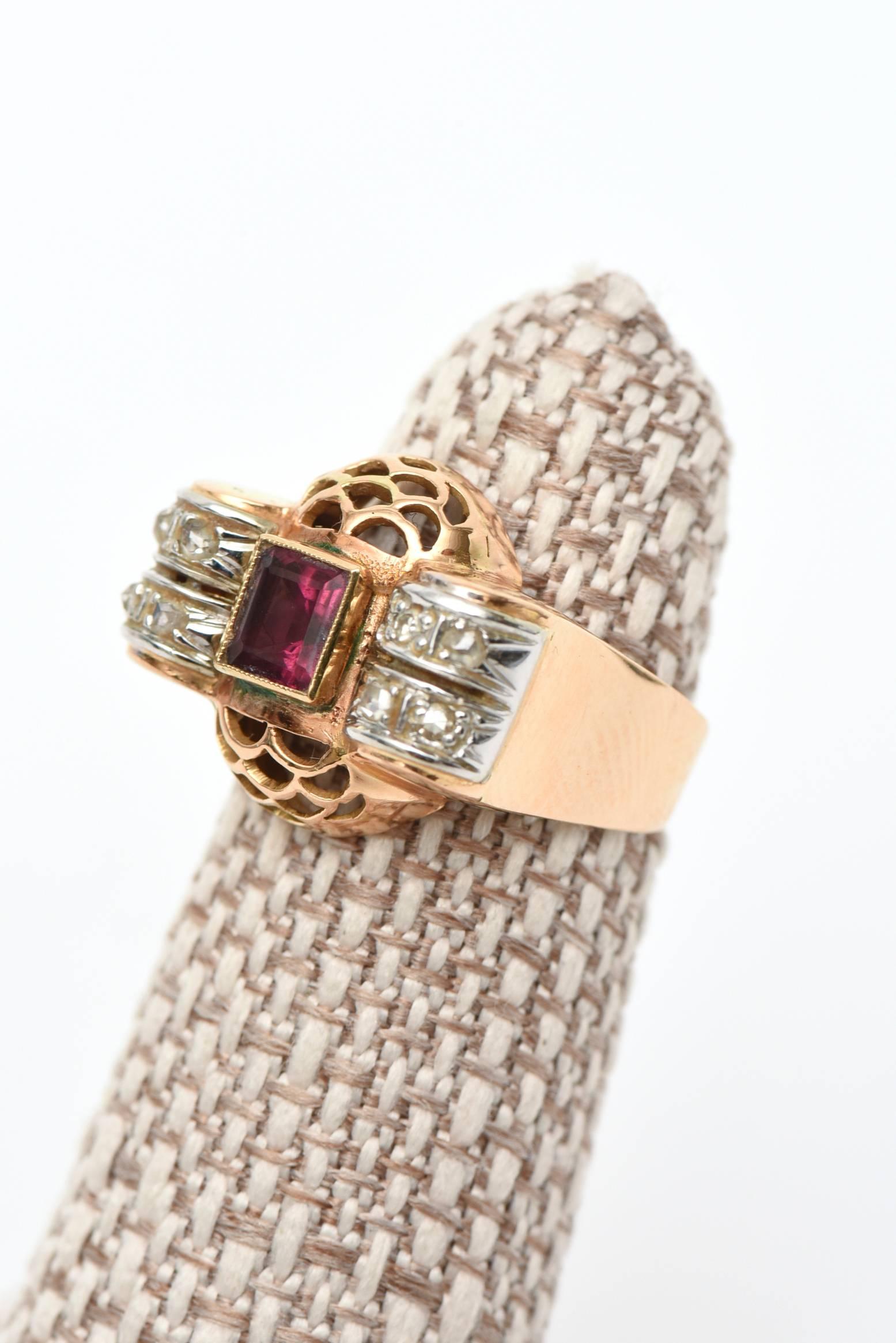 Retro 14 Karat Rose Gold, Diamond and Rubelite Ring For Sale 4